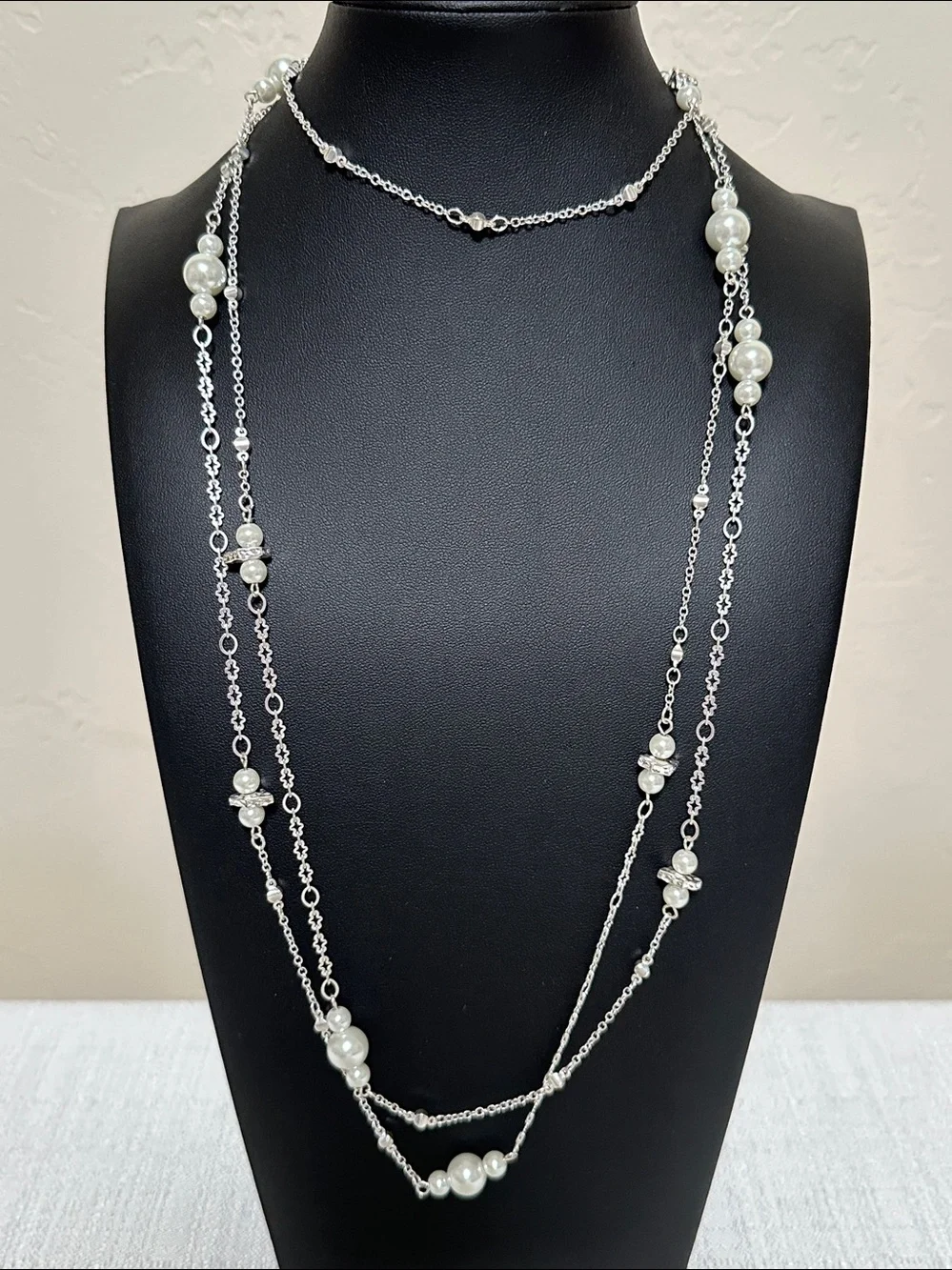 Dillards Silver Tone Faux Pearl Station Necklace